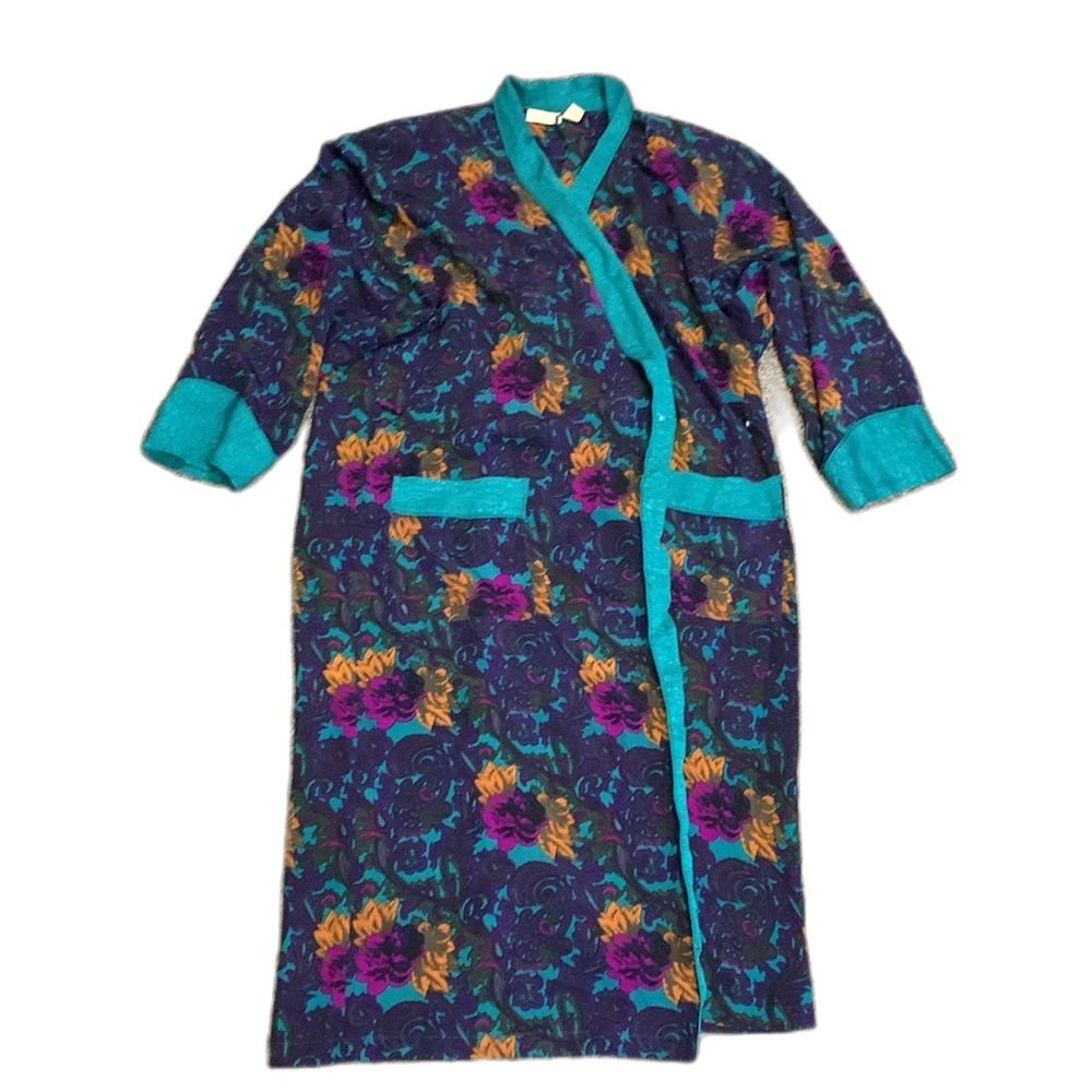 Vintage 80s Victoria’s Secret Turquoise Floral Paisley Satin Long Robe Size L - Picture 3 of 16